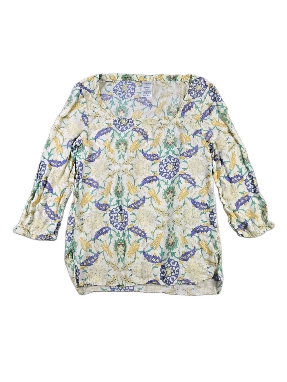 Lands End 100% Linen Top Oversized XS 2/4 Cream Floral Square Neck 3/4 Sleeve